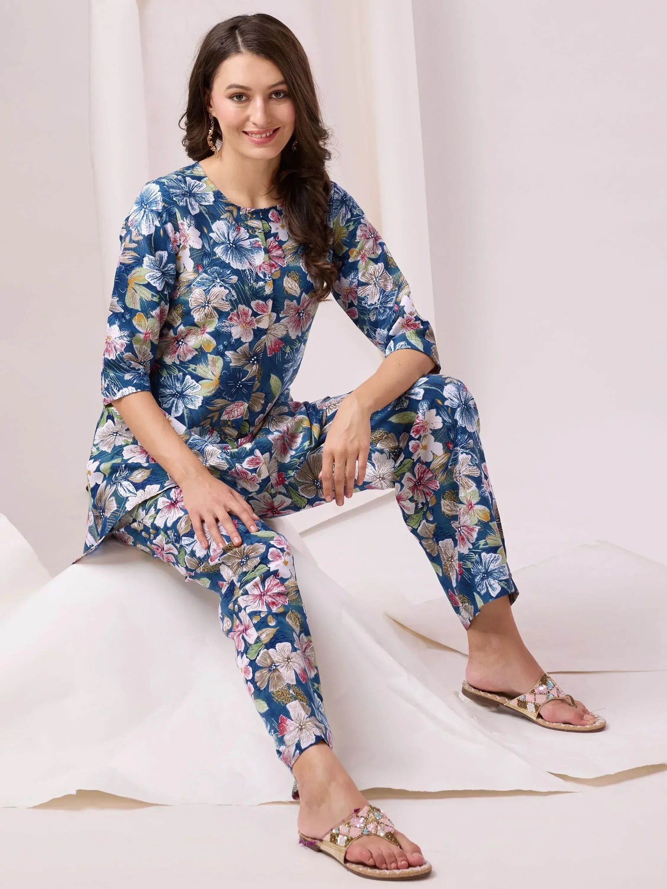Floral print salwar kameez set with blue base, perfect for ethnic wear and casual occasions