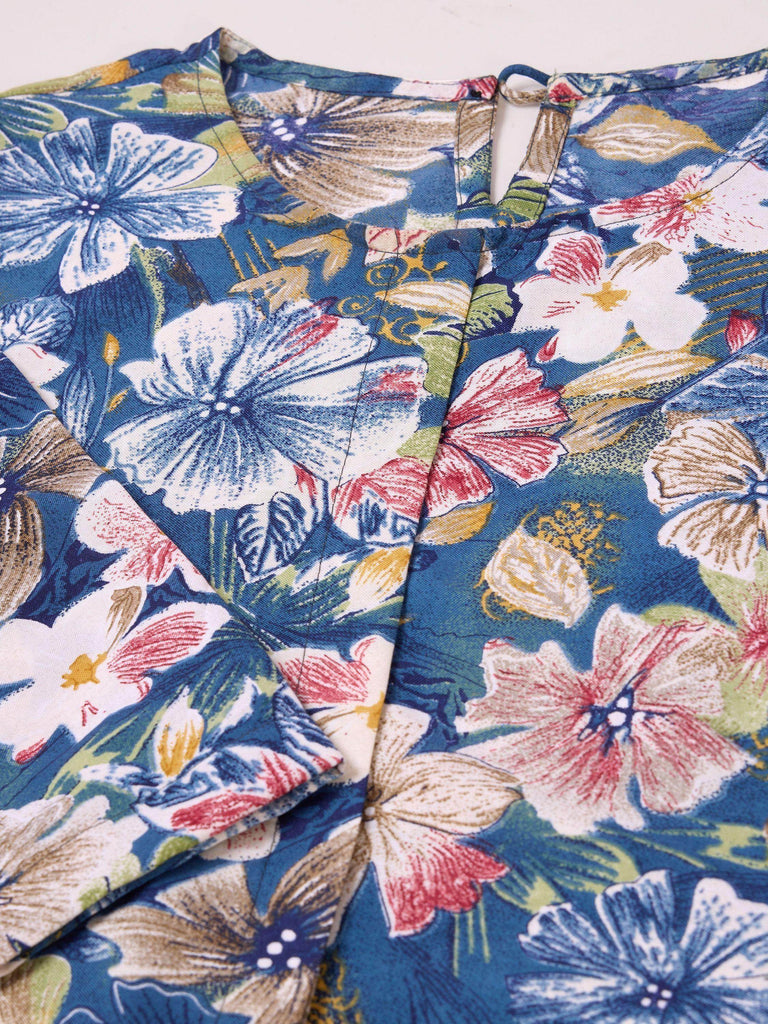 Incredible Blue Floral Printed Cotton Top Palazzo Co-Ord Set