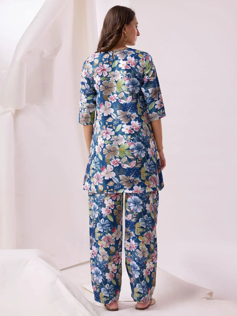 Incredible Blue Floral Printed Cotton Top Palazzo Co-Ord Set