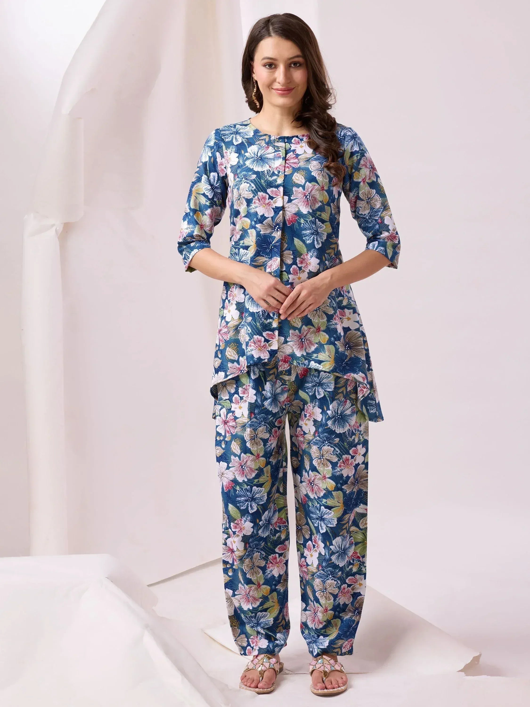 Floral print ethnic kurta set with palazzo pants, stylish Indian wear for women