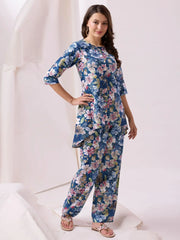 Incredible Blue Floral Printed Cotton Top Palazzo Co-Ord Set