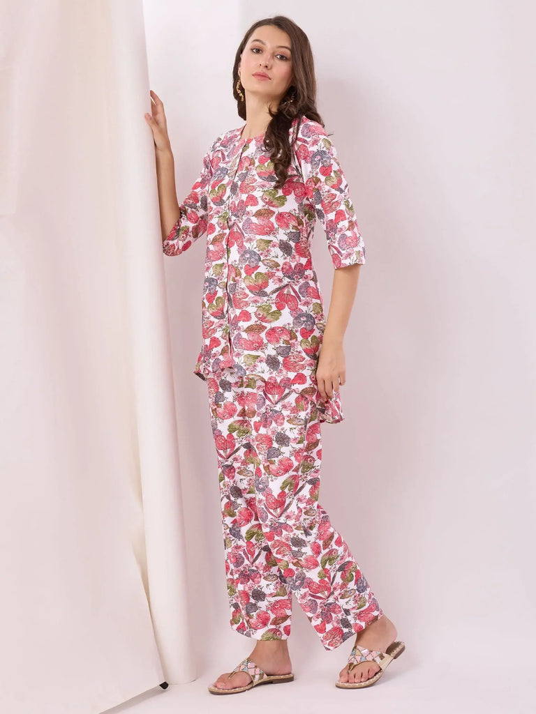 Lovely White Digital Printed Cotton Event Wear Top Palazzo Co-Ord Set