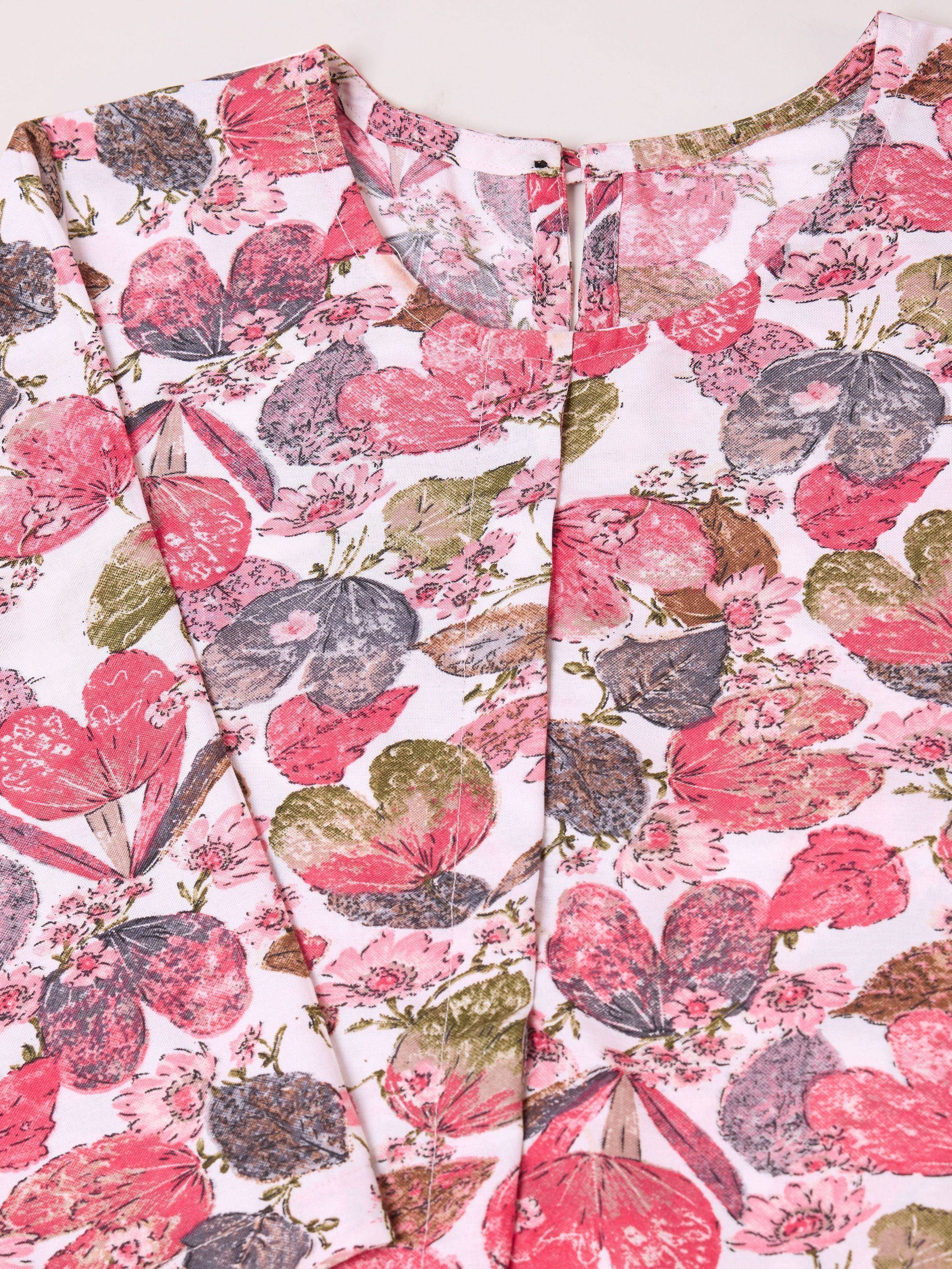 Pink floral print ethnic gown with round neckline and back slit detail