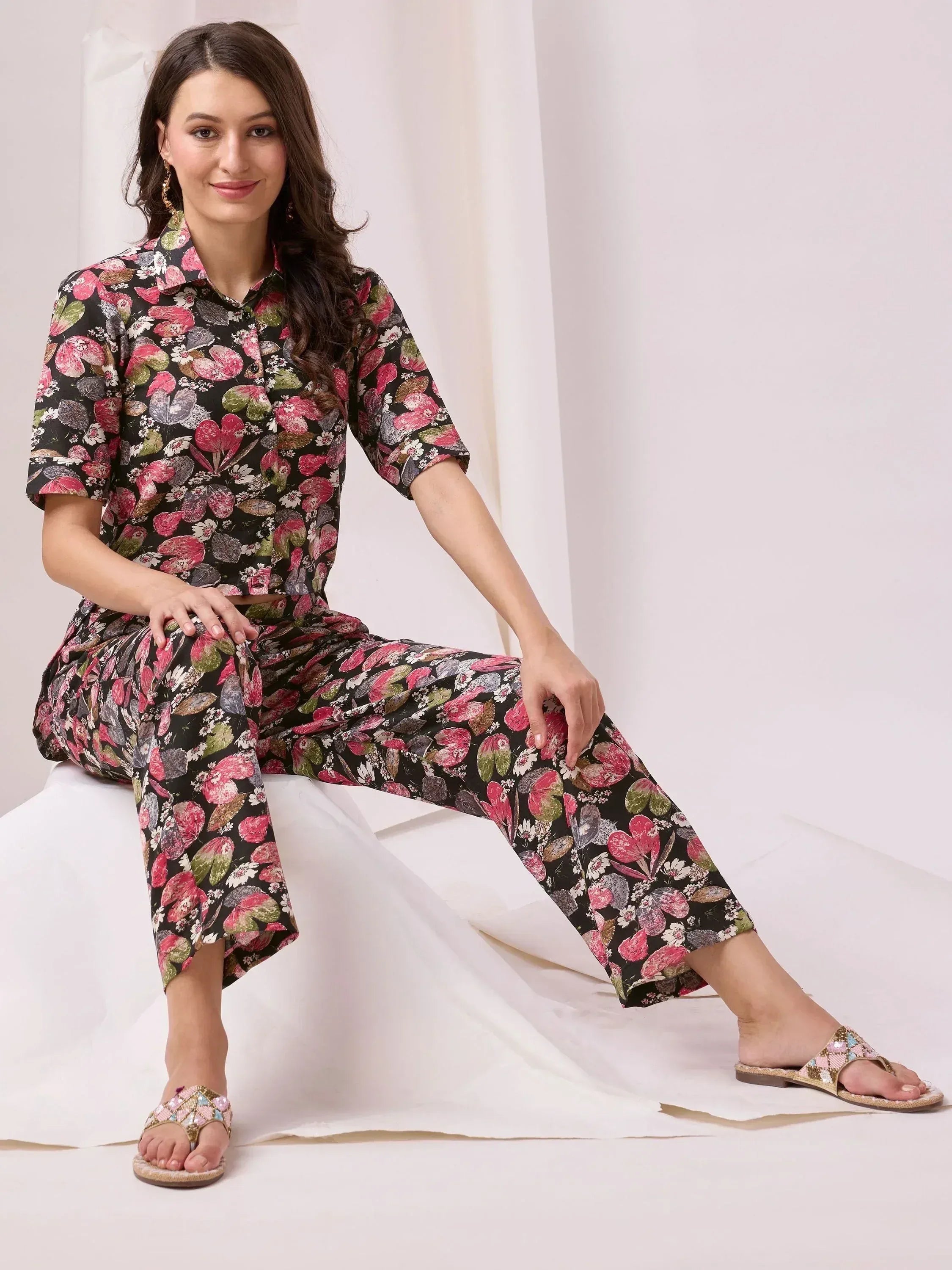 Floral print ethnic co-ord set with crop top and palazzo pants, perfect for casual wear