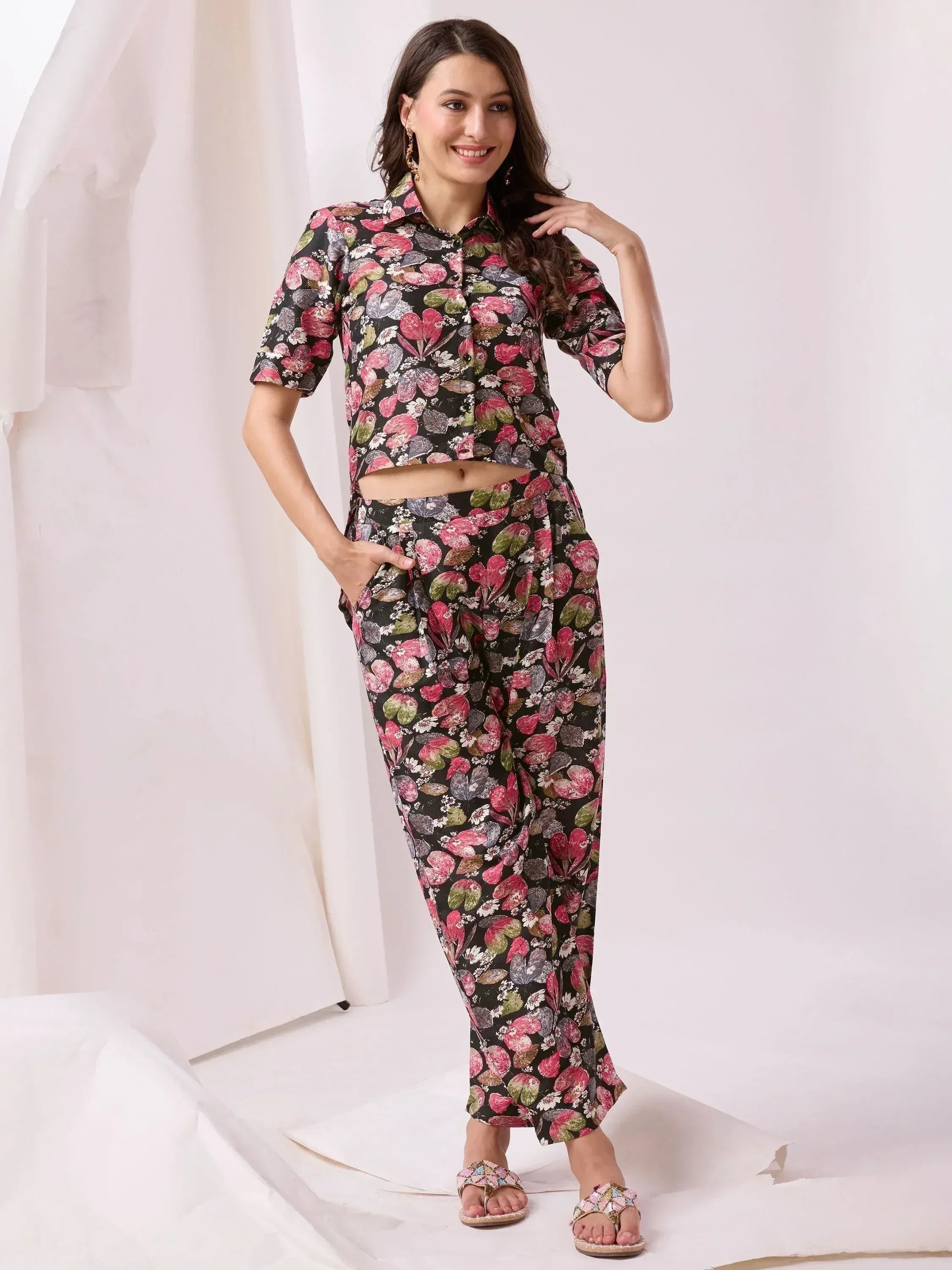 Floral print ethnic palazzo set with crop top, perfect for casual wear or Indian occasions
