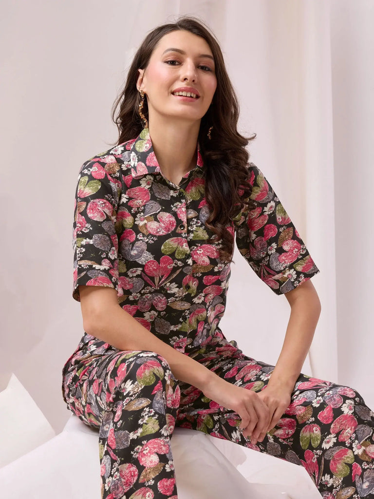 Charming Black Printed Cotton Casual Wear Top Palazzo Co-Ord Set