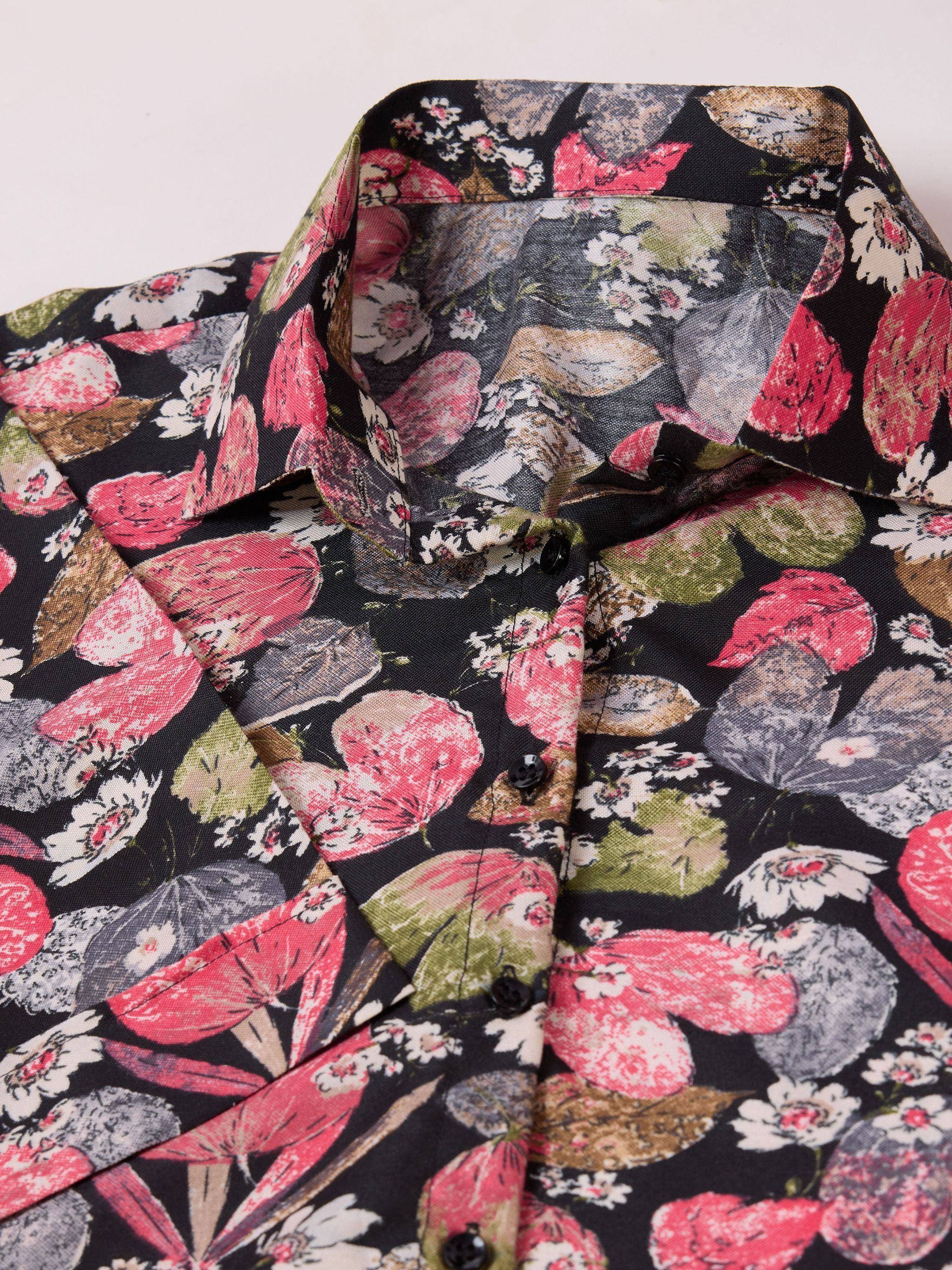 Black floral print kurta with pink and green flowers, button front, ethnic wear