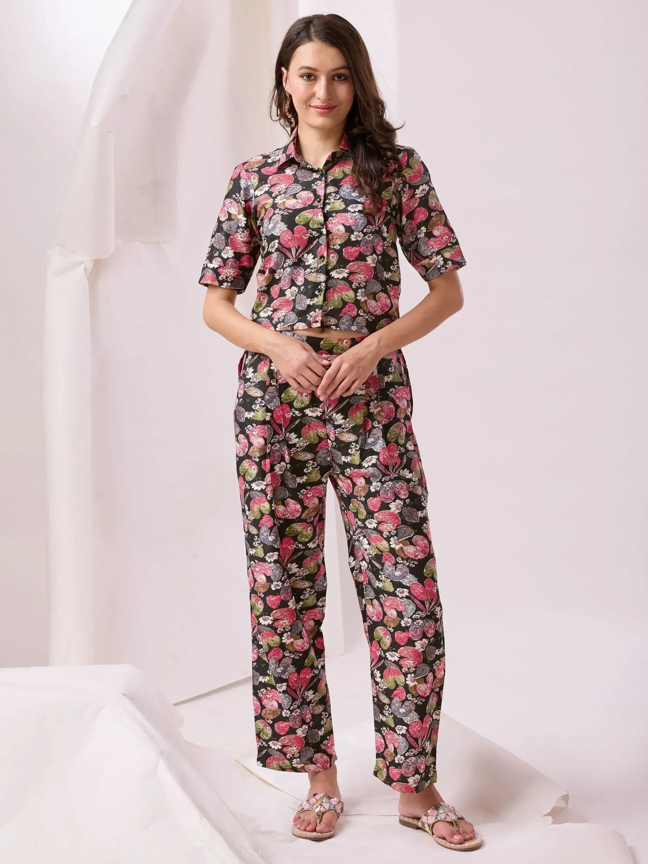Floral print ethnic co-ord set with short sleeve top and palazzo pants for women