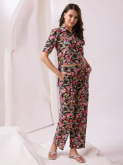 Charming Black Printed Cotton Casual Wear Top Palazzo Co-Ord Set
