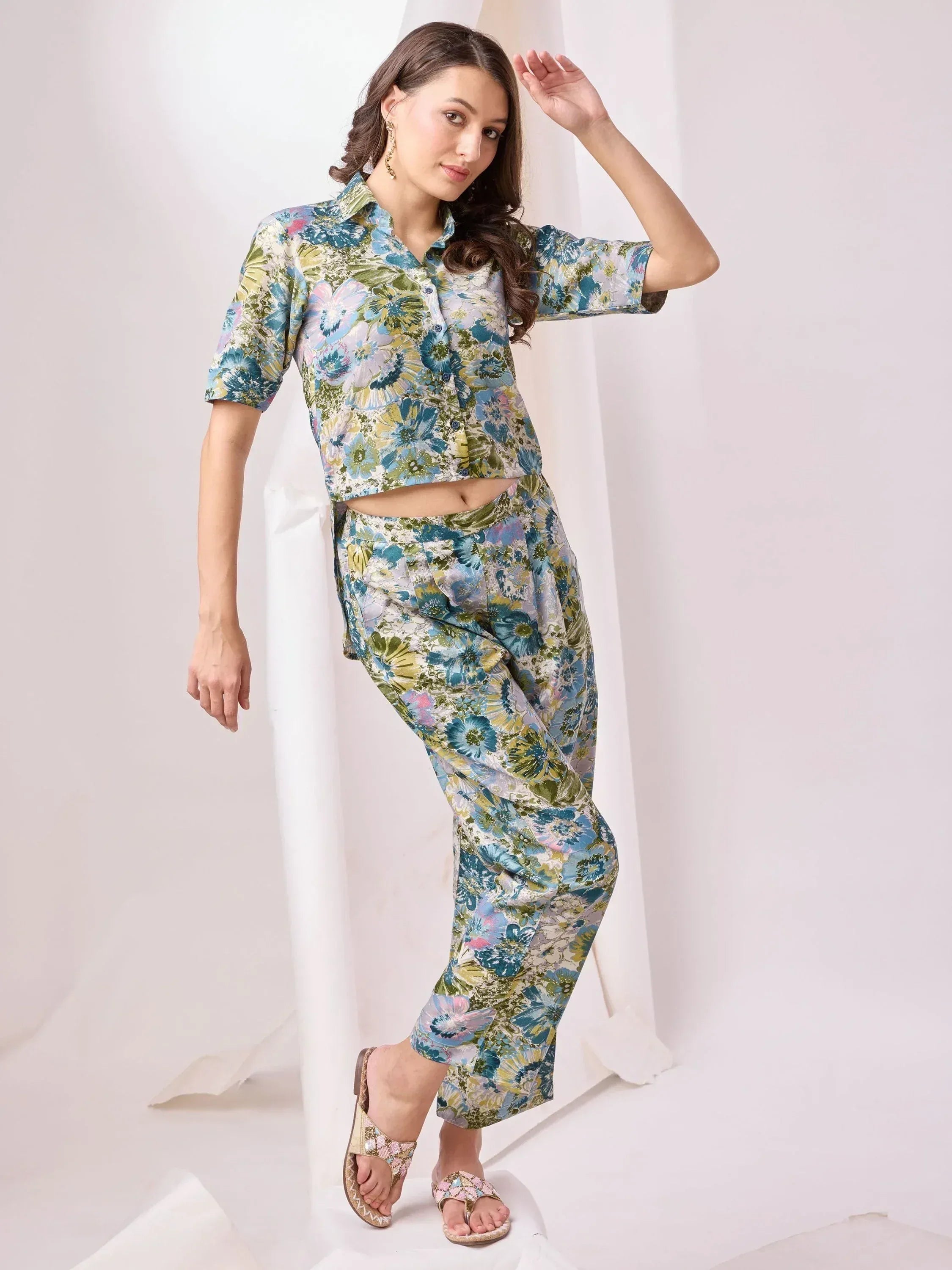 Floral print ethnic crop top and palazzo set for women, stylish Indian wear