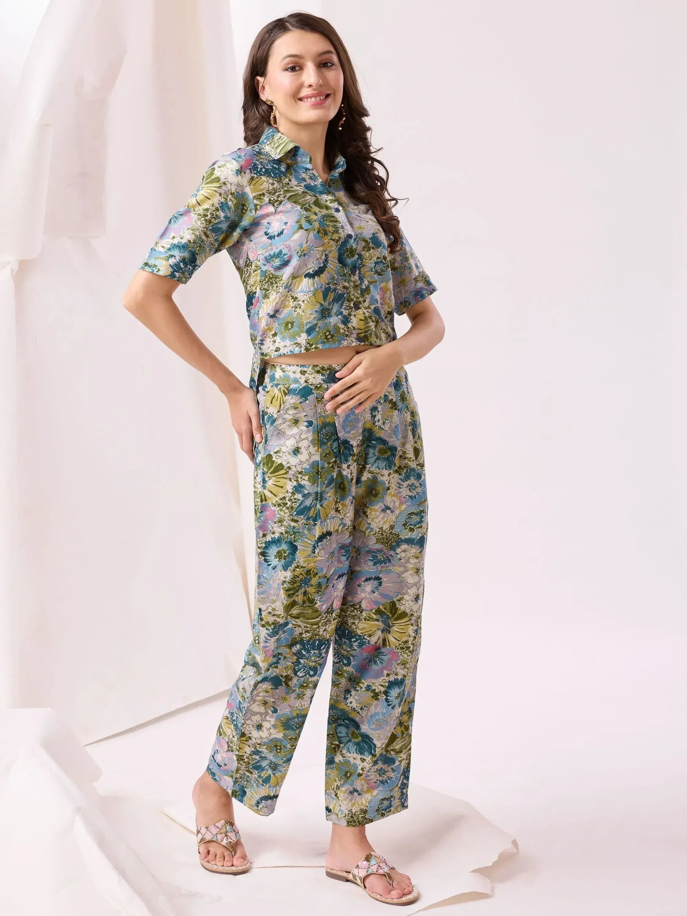 Floral print ethnic co-ord set with crop top and wide pants, perfect for casual Indian wear