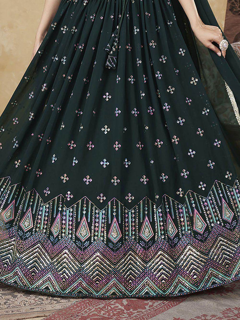 Incredible Dark Green Foil Work Georgette Mehendi Wear Lehenga Choli