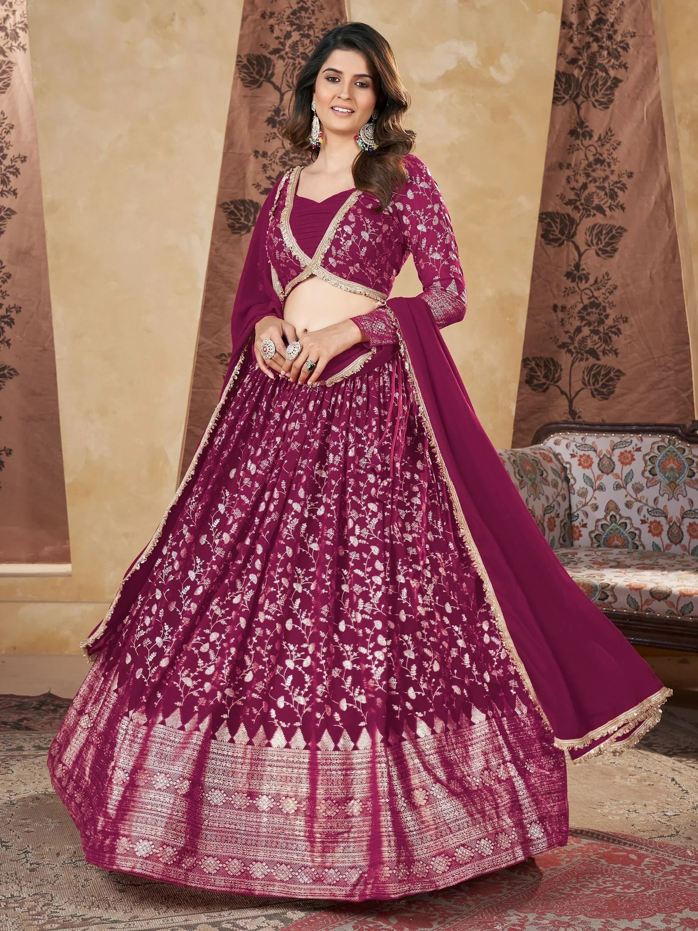 Wonderful Rani Pink Foil Work Georgette Wedding Lehenga Choli