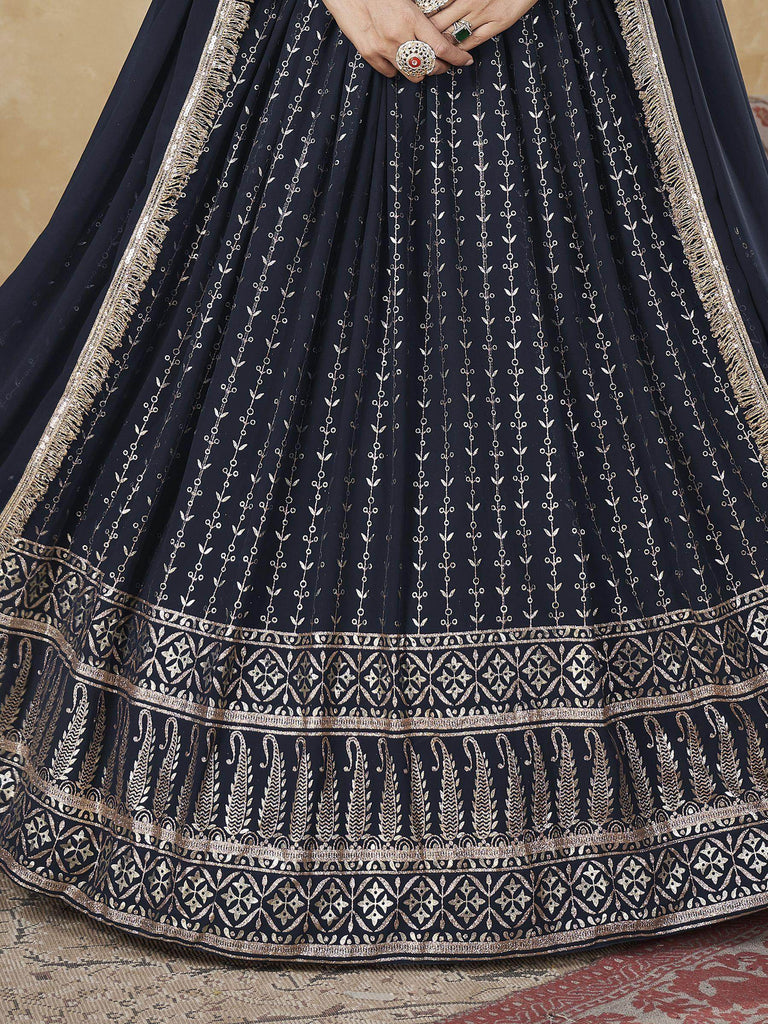 Awesome Navy Blue Foil Work Georgette Reception Wear Lehenga Choli