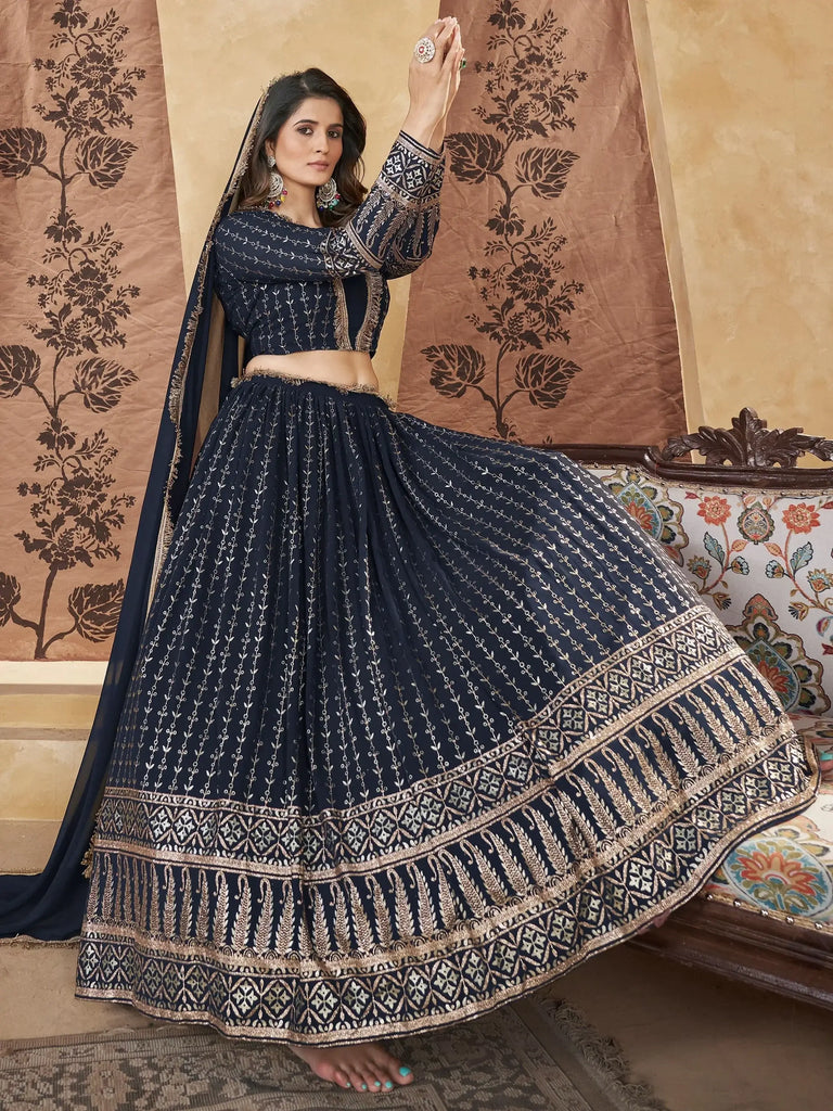 Awesome Navy Blue Foil Work Georgette Reception Wear Lehenga Choli