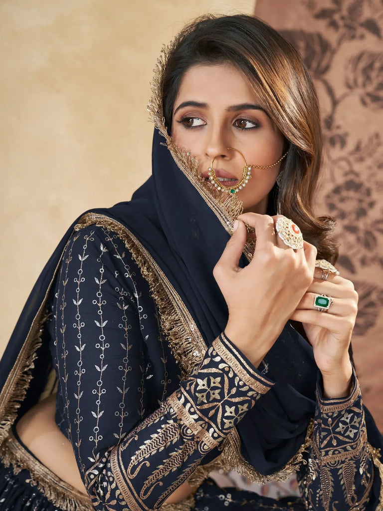 Awesome Navy Blue Foil Work Georgette Reception Wear Lehenga Choli