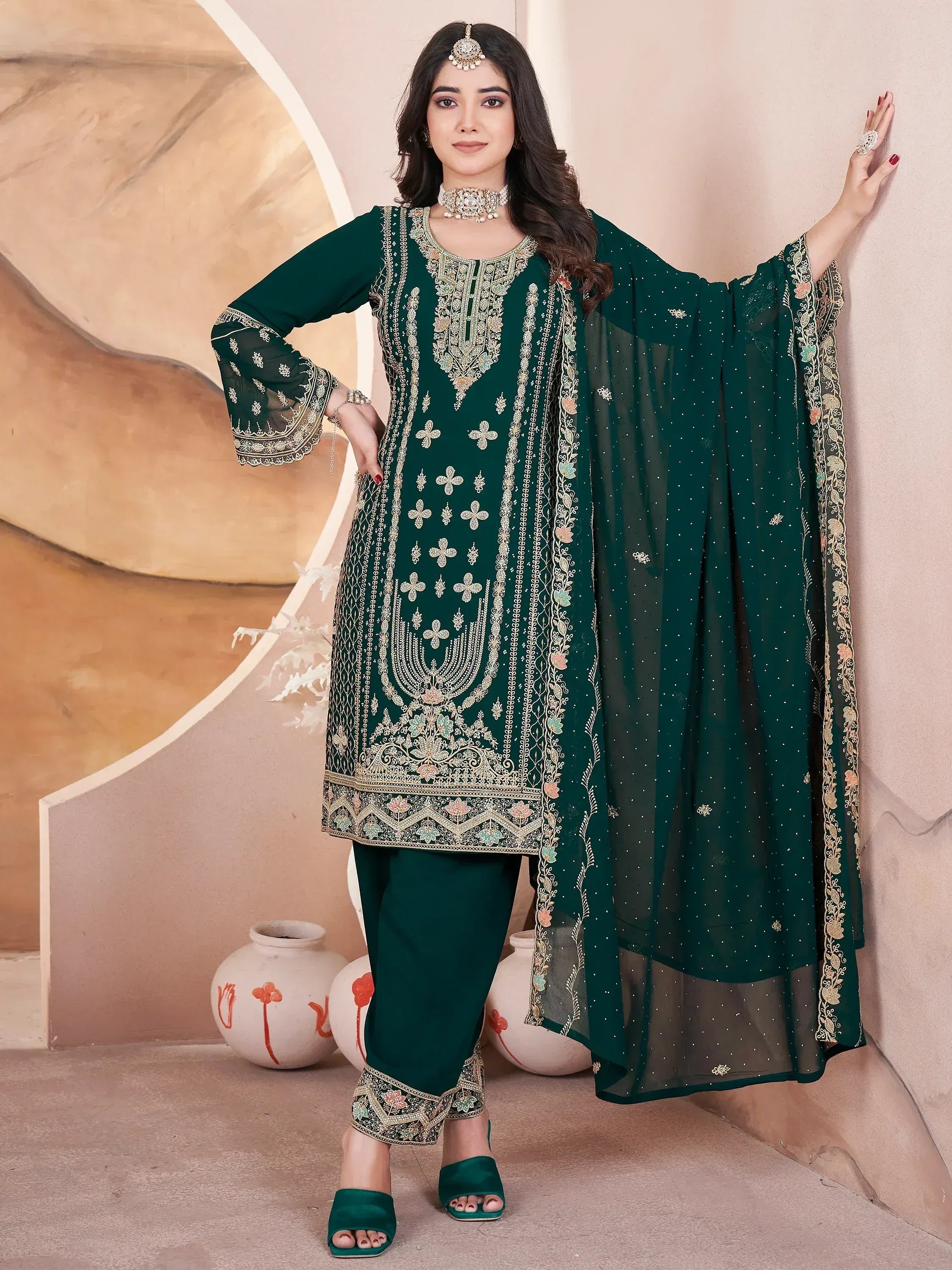 Emerald green embroidered salwar kameez with dupatta, Indian ethnic wear for women
