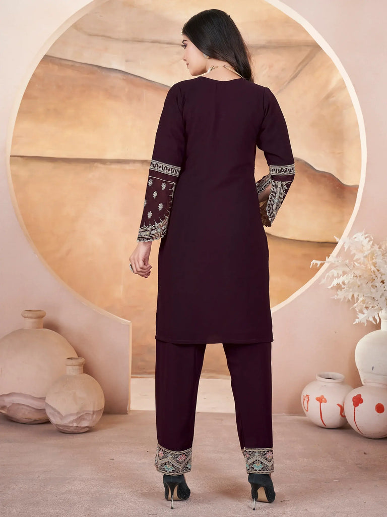 Alluring Wine Embroidered Georgette Pakistani Suit With Dupatta