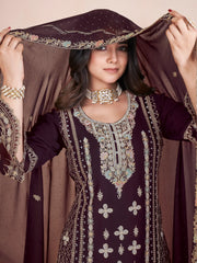 Alluring Wine Embroidered Georgette Pakistani Suit With Dupatta
