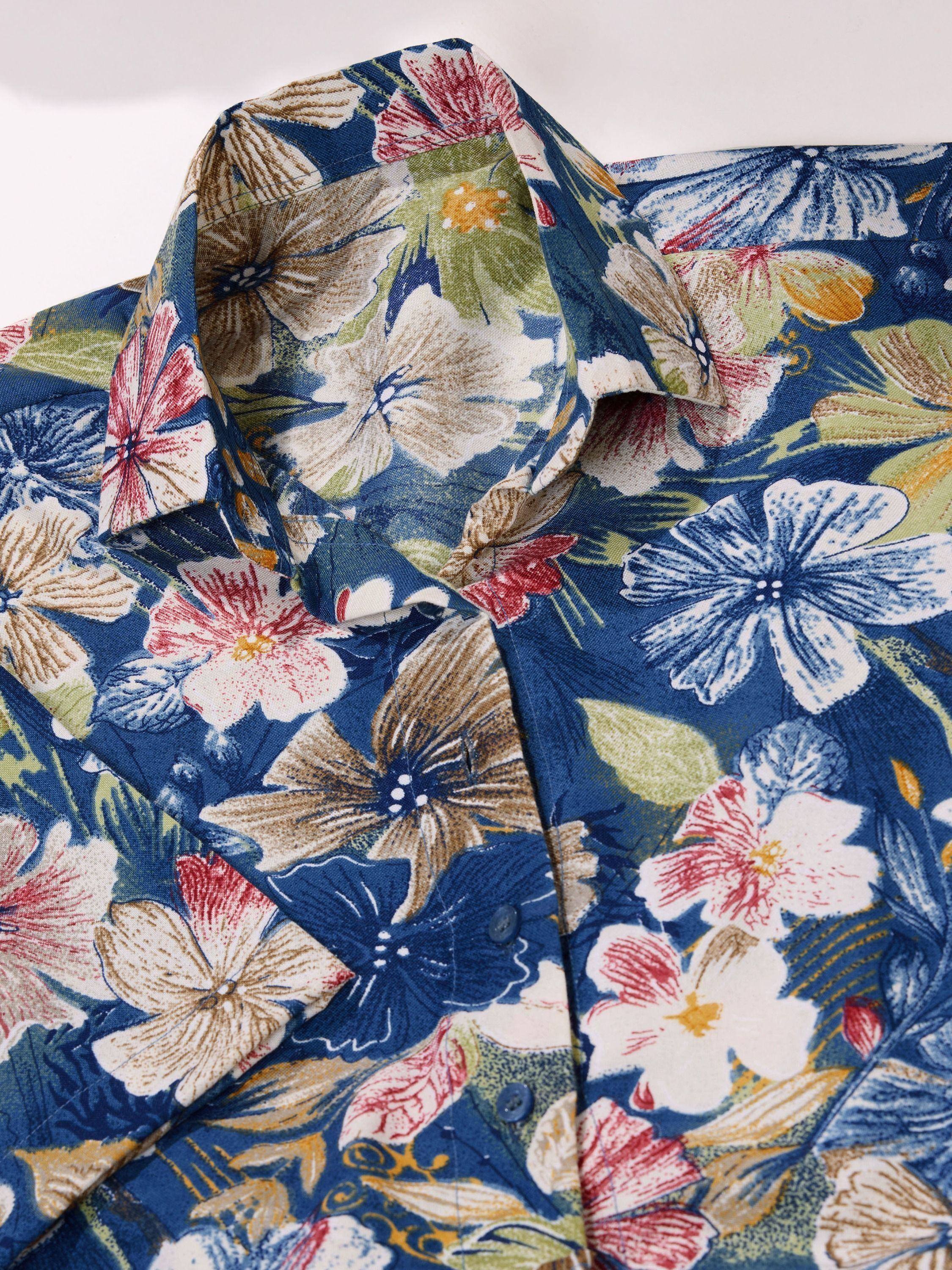 Blue floral print shirt with vibrant hibiscus pattern, perfect for ethnic wear styles