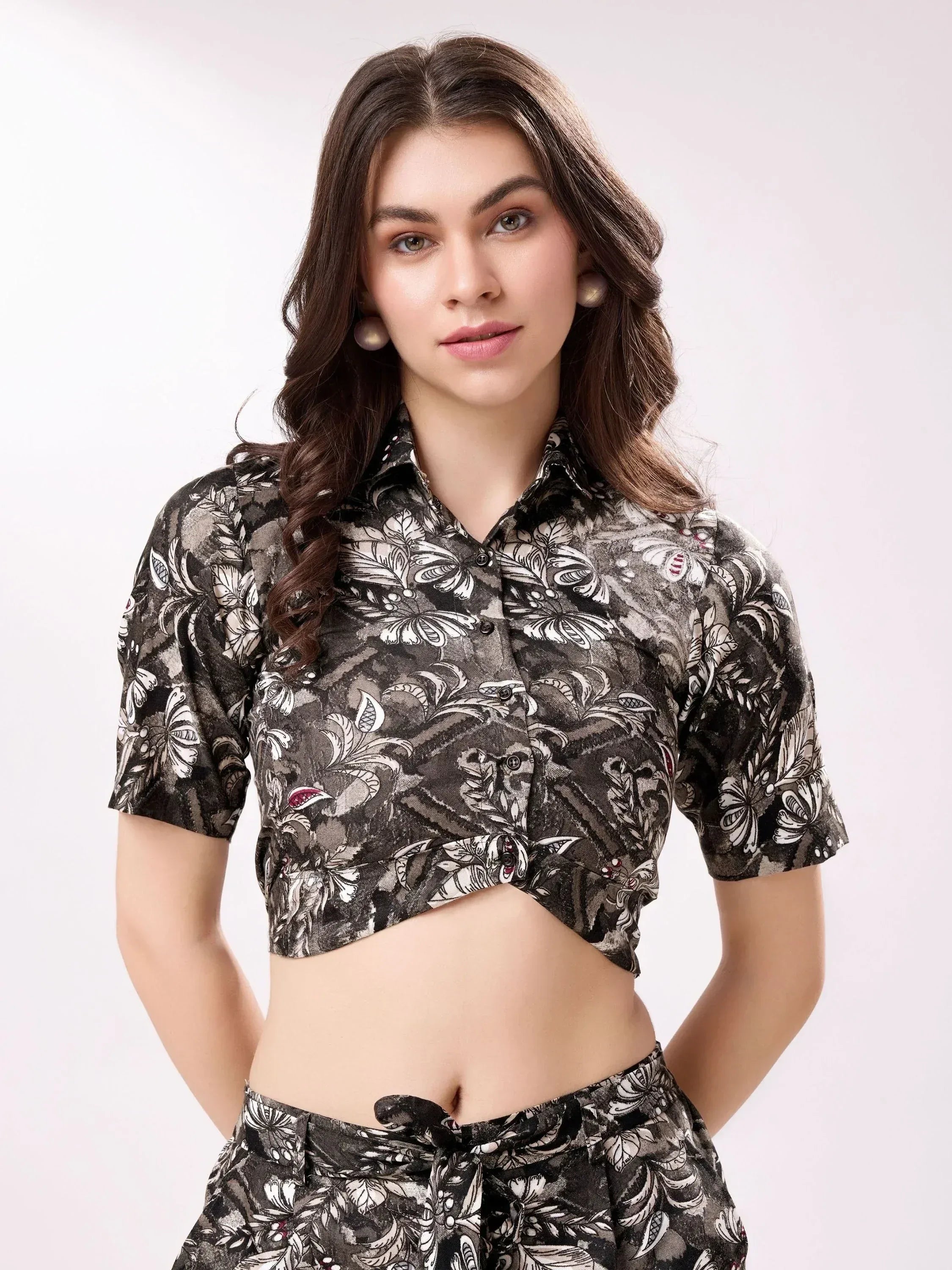 Black and white floral print crop top with matching pants, ethnic wear for women