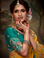 Beautiful Yellow Embroidered Organza Event Wear Saree With Blouse