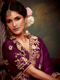 Endearing Wine Embroidered Organza Wedding Wear Saree With Blouse