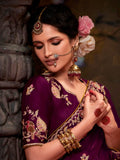 Endearing Wine Embroidered Organza Wedding Wear Saree With Blouse