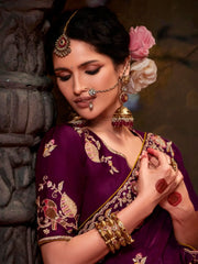 Endearing Wine Embroidered Organza Wedding Wear Saree With Blouse