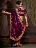 Endearing Wine Embroidered Organza Wedding Wear Saree With Blouse