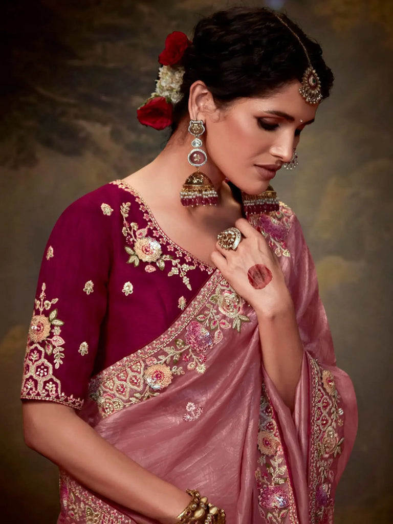Pretty Dusty Pink Embroidered Organza Wedding Wear Saree With Blouse
