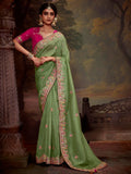 Adorable Pista Color Embroidered Organza Event Wear Saree With Blouse