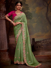 Adorable Pista Color Embroidered Organza Event Wear Saree With Blouse