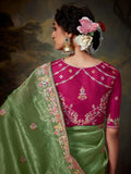 Adorable Pista Color Embroidered Organza Event Wear Saree With Blouse