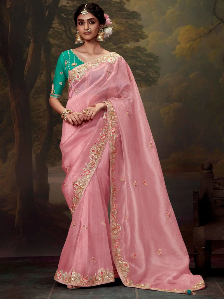 Lovable Light Pink Embroidered Organza Event Wear Saree With Blouse