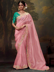 Lovable Light Pink Embroidered Organza Event Wear Saree With Blouse