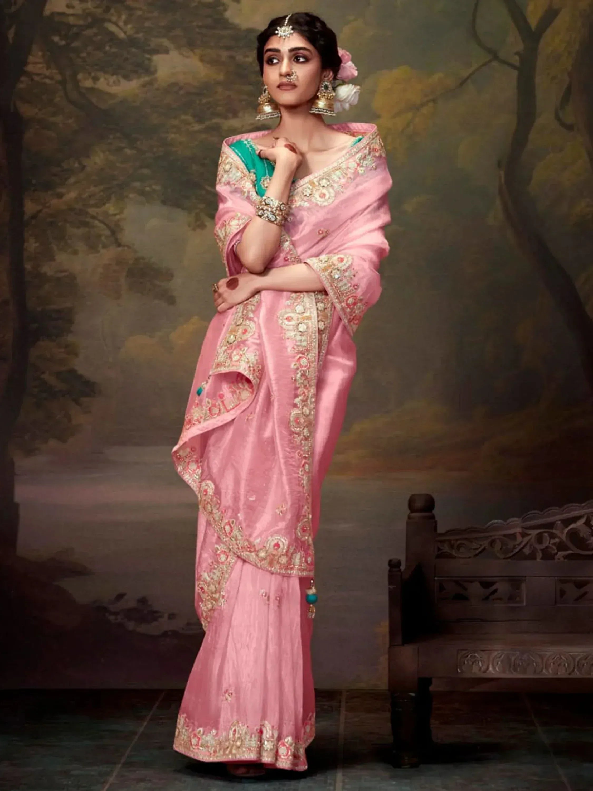Pink embroidered saree with green blouse, traditional Indian ethnic wear for women