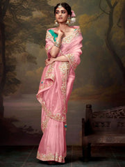 Lovable Light Pink Embroidered Organza Event Wear Saree With Blouse