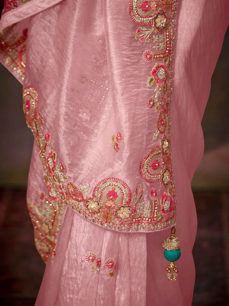 Lovable Light Pink Embroidered Organza Event Wear Saree With Blouse