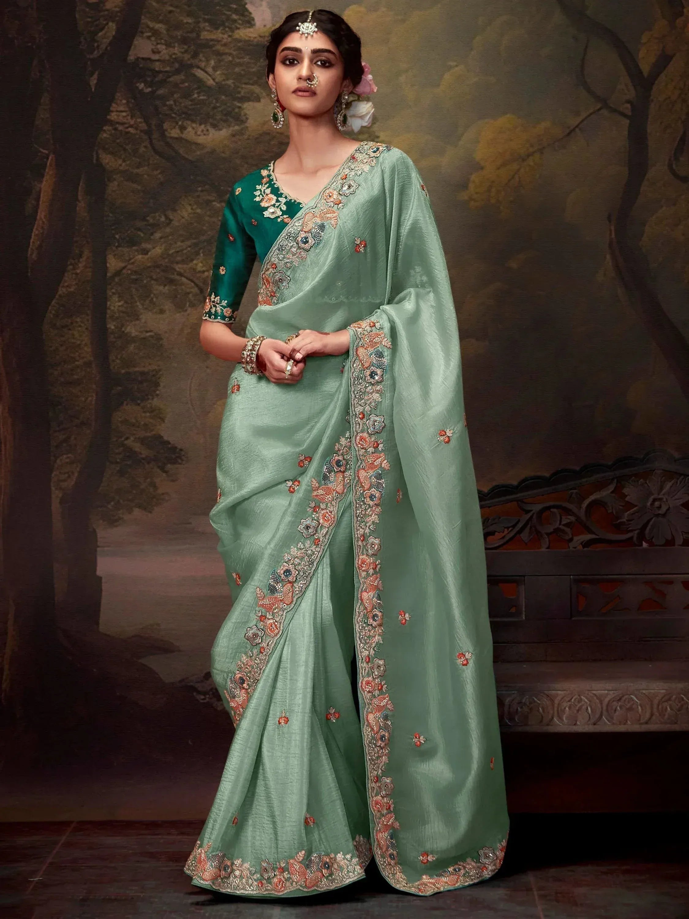 Mint green embroidered saree with floral detailing and matching blouse, Indian ethnic wear