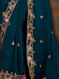 Cherished Teal Blue Embroidered Organza Festival Wear Saree With Blouse