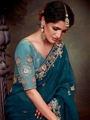 Cherished Teal Blue Embroidered Organza Festival Wear Saree With Blouse