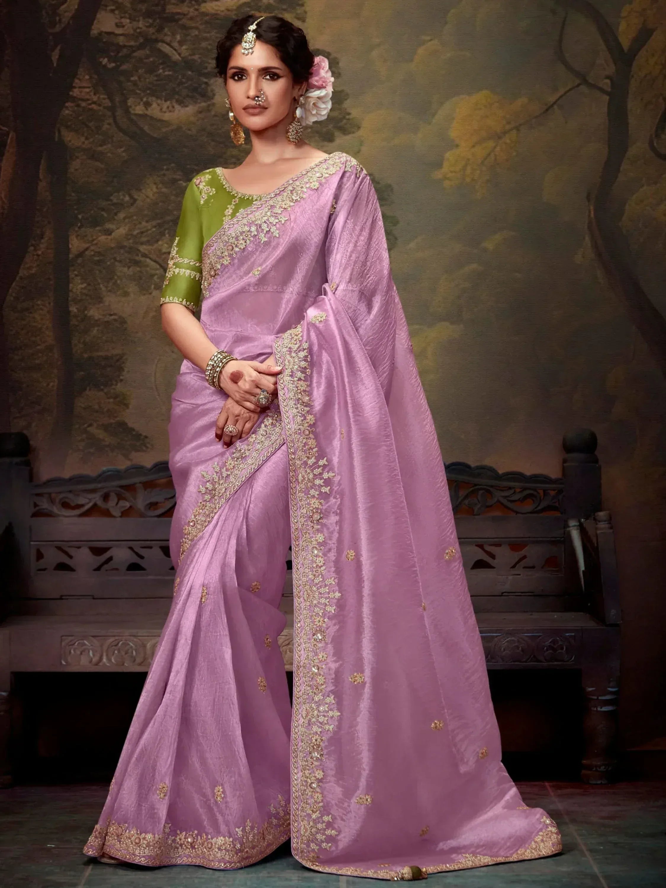 Lavender saree with gold embroidery and green blouse, Indian ethnic wear for women