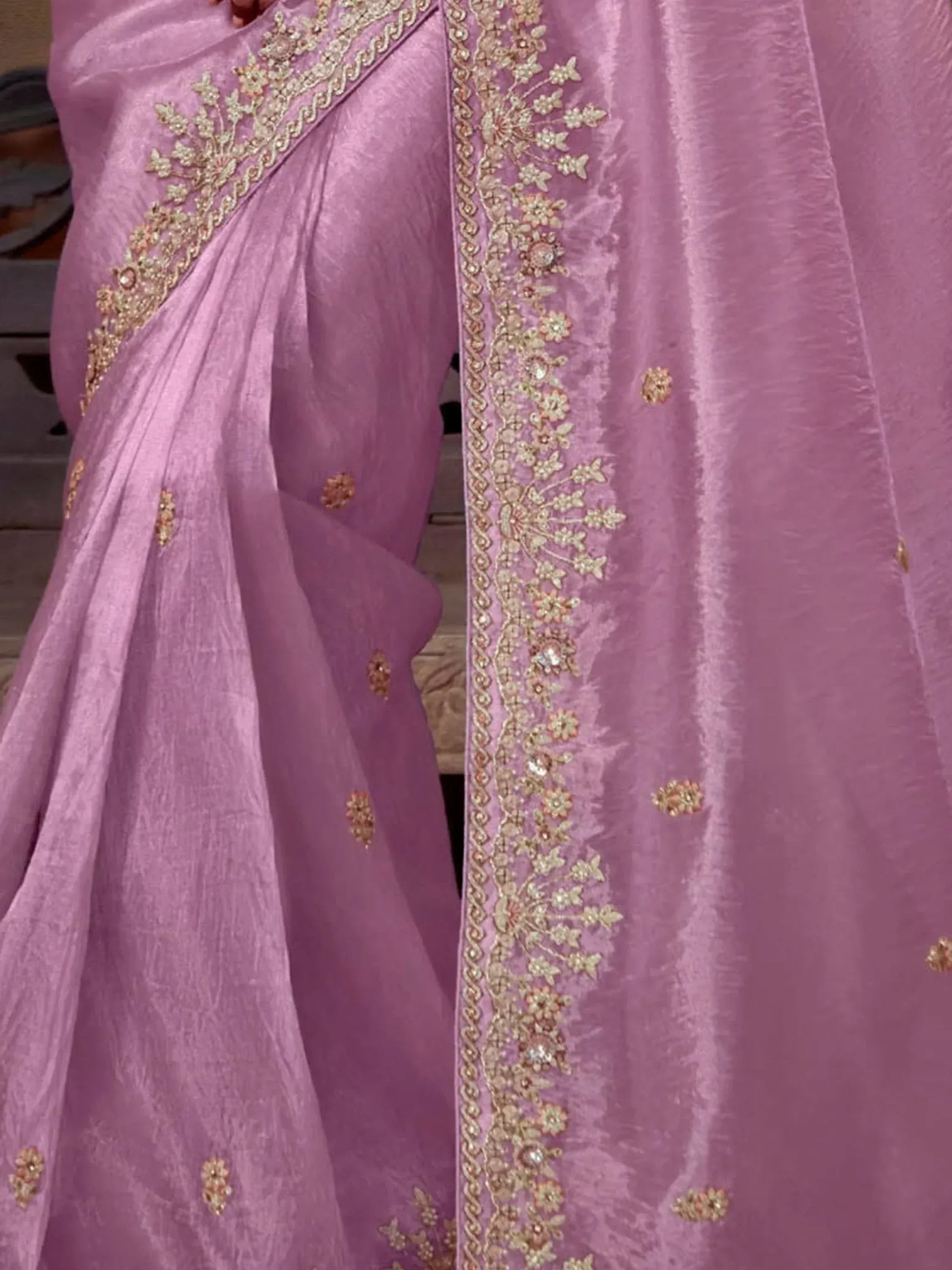 Pink saree with gold floral embroidery and embellished border, Indian ethnic wear