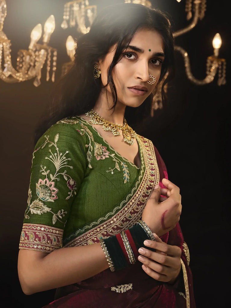 Adorable Maroon Embroidered Silk Wedding Wear Saree With Blouse