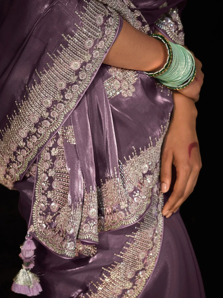 Charming Lavender Sequins Silk Reception Wear Saree With Blouse