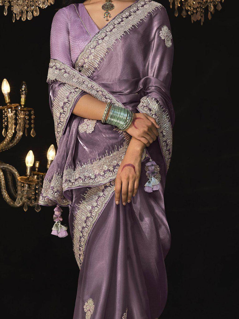 Charming Lavender Sequins Silk Reception Wear Saree With Blouse