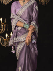 Charming Lavender Sequins Silk Reception Wear Saree With Blouse
