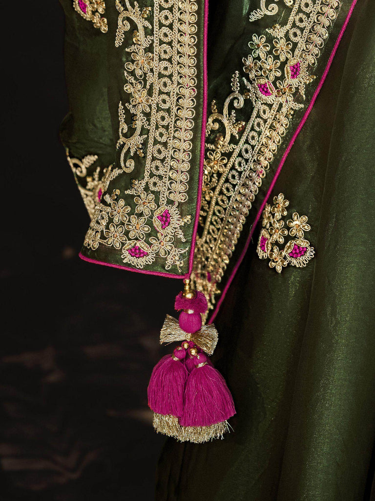 Captivating Olive Green Embroidered Silk Mehendi Wear Saree