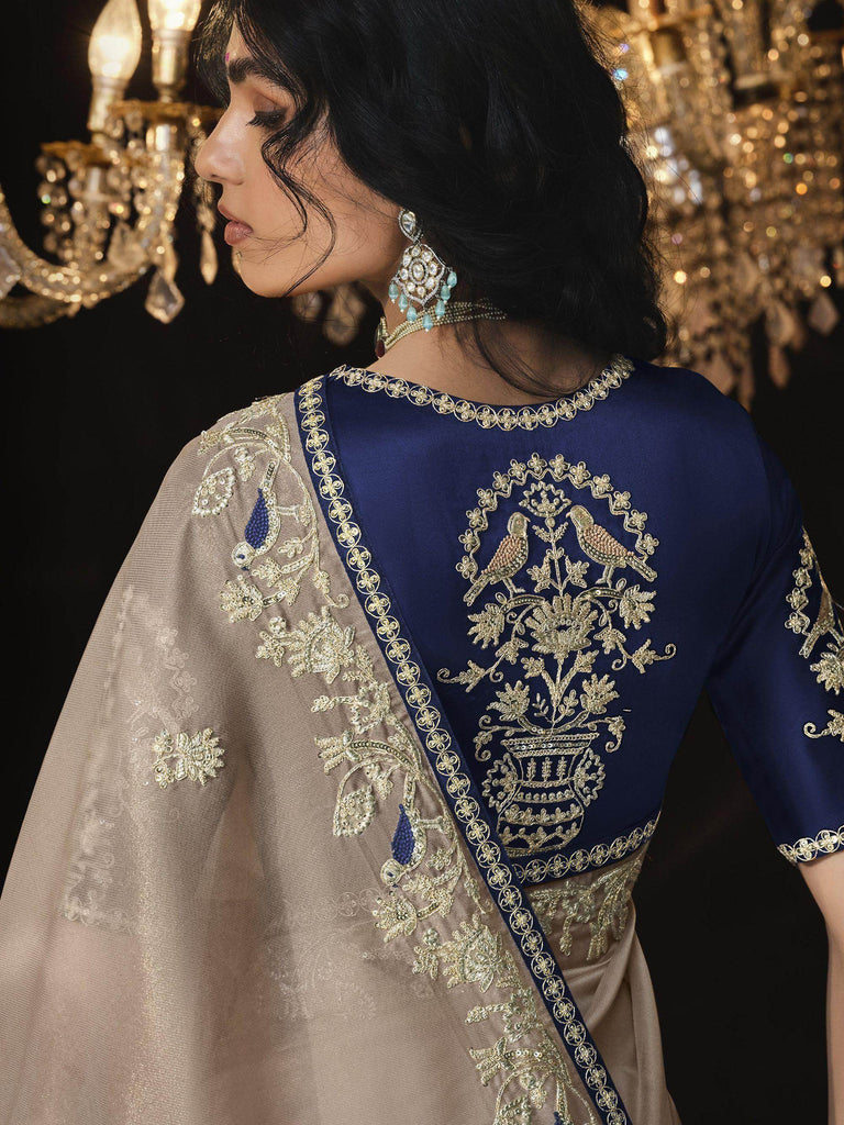 Glamorous Cream Embroidered Silk Traditional Saree With Blouse